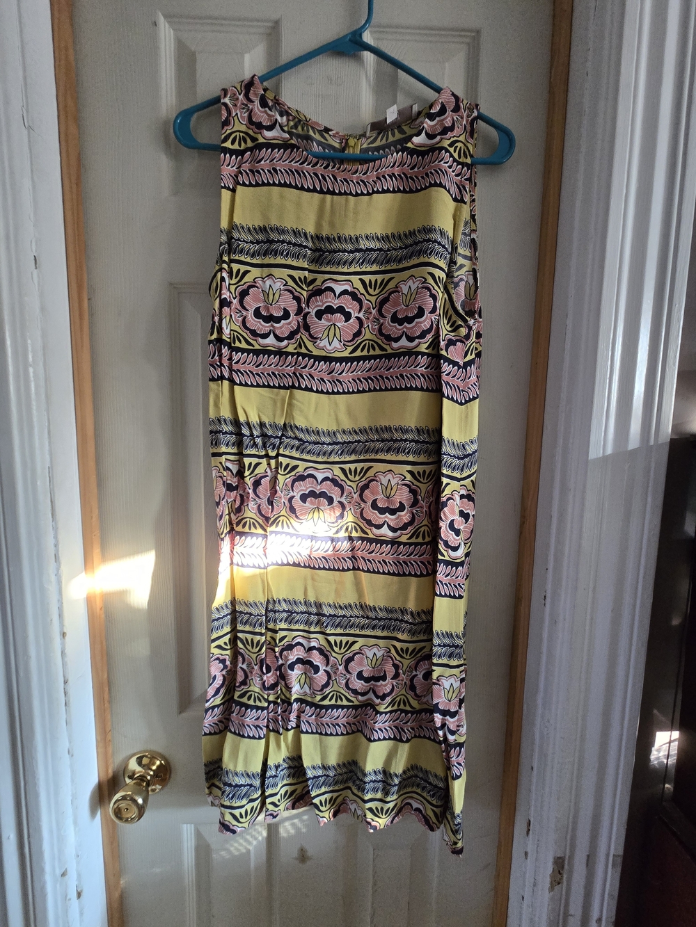 LOFT Yellow Midi Dress with Pink and Black Floral Stripes